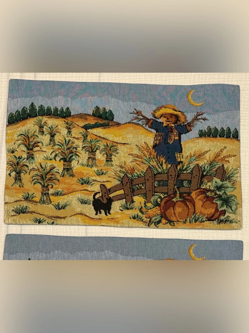 Vintage Woven Tapestry Fall Harvest Scarecrow Black Cat Placemat Set Of 2